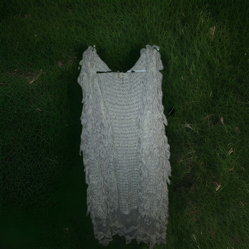 Ryu Cream Boho Fringe Vest Crochet Open Knit Lace Trim Mixed Media S/M